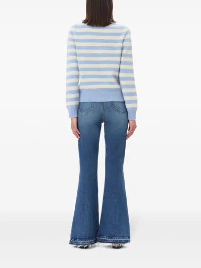 Ganni Light Blue Crewneck With Maxi Logo Print On The Front And All-over Striped Motif In Multicolor