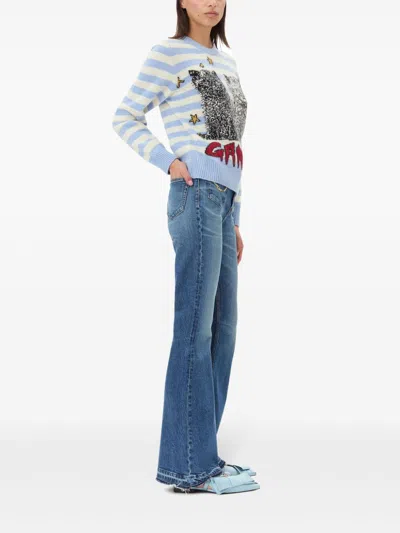 Ganni Light Blue Crewneck With Maxi Logo Print On The Front And All-over Striped Motif In Multicolor