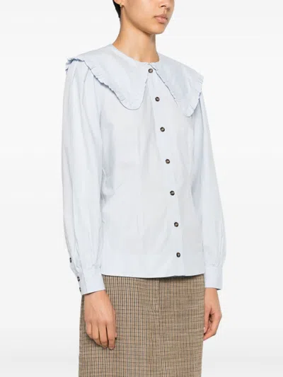 Ganni Organic Cotton Poplin Ruffle Peter Pan Collar Button-up Shirt In Multicolor