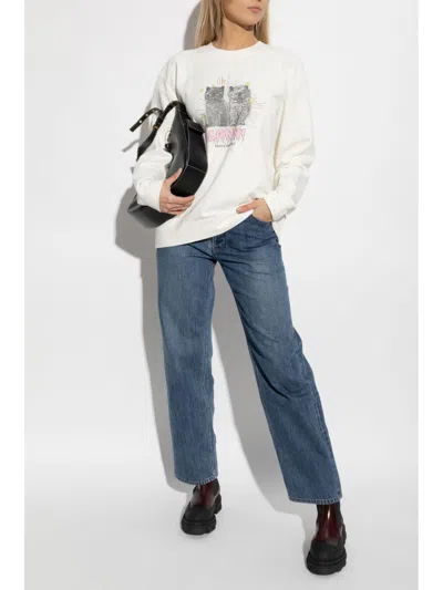 Ganni Off-white Isoli Kittens Drop Shoulder Sweatshirt In Multicolor