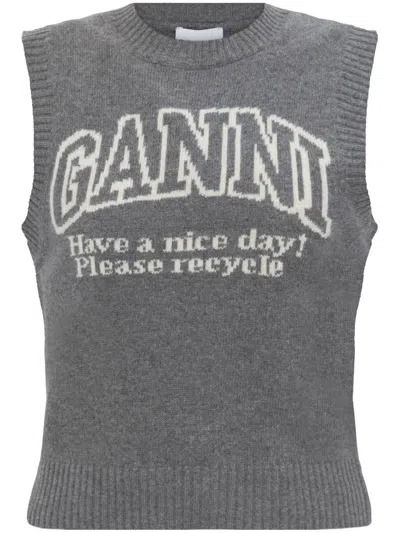 Ganni Knitted Vest With Logo In Multicolor