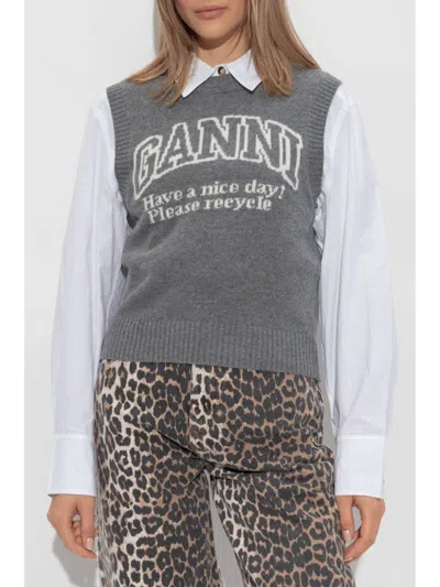 Ganni Knitted Vest With Logo In Multicolor