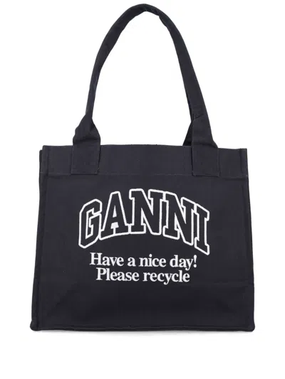 Ganni Black Shopper With Embroidered Logo On The Front In Denim Woman In Multicolor