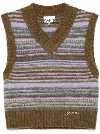 Shop Ganni Women Striped V-necked Vest In Multicolor