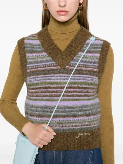 Shop Ganni Women Striped V-necked Vest In Multicolor