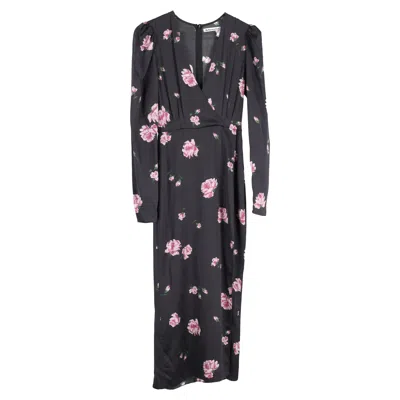 Reformation Floral Print Long Sleeve Midi Dress In Black Silk In Black