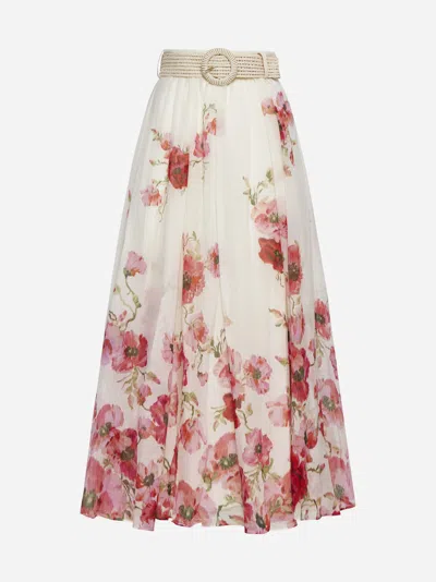 Shop Zimmermann Lightburst Print Cotton And Silk Maxi Skirt In Cream,red Floral