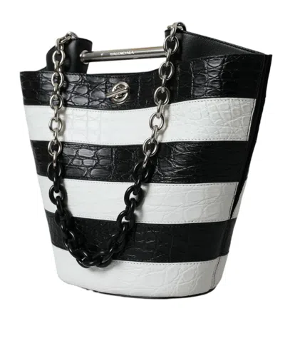 Balenciaga Chic Crocodile Leather Maxi Bucket Bag In Black And White