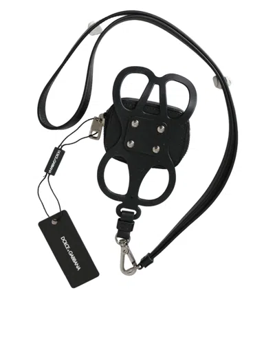 Dolce & Gabbana Black Calfskin Leather Dg Logo Coin Purse Lanyard Men's Wallet In Black