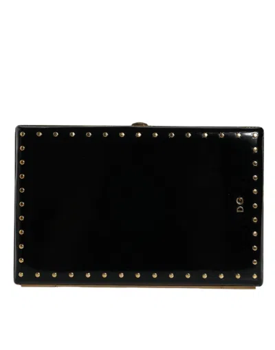 Dolce & Gabbana Black Leather Studs Gold Frame Clutch Evening Purse Bag In Black