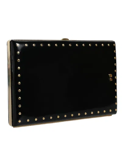Dolce & Gabbana Black Leather Studs Gold Frame Clutch Evening Purse Bag In Black