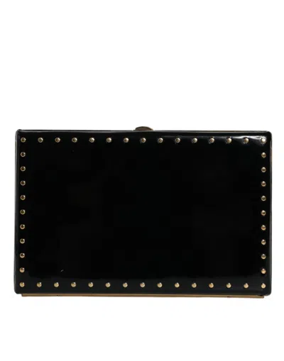Dolce & Gabbana Black Leather Studs Gold Frame Clutch Evening Purse Bag In Black