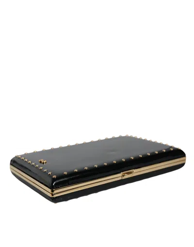 Dolce & Gabbana Black Leather Studs Gold Frame Clutch Evening Purse Bag In Black
