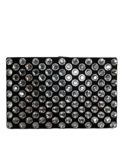 Dolce & Gabbana Black Velvet Crystal Clutch Evening Party Purse Bag In Black