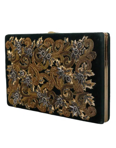 Dolce & Gabbana Black Velvet Gold Frame Clutch Evening Party Purse Bag In Black