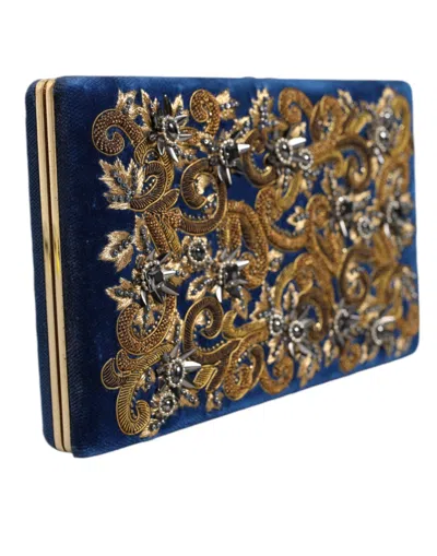 Dolce & Gabbana Blue Velvet Gold Frame Clutch Evening Party Purse Bag In Blue