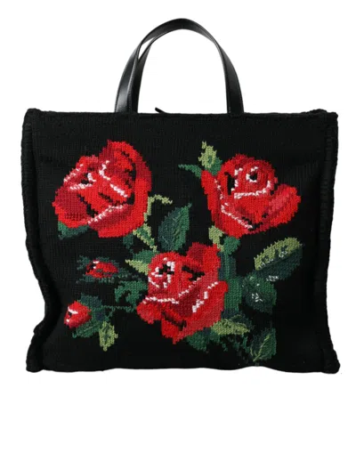 Dolce & Gabbana Black Cashmere Rose Embroidery Shopping Tote Bag In Black