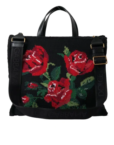 Dolce & Gabbana Black Cashmere Rose Embroidery Shopping Tote Bag In Black
