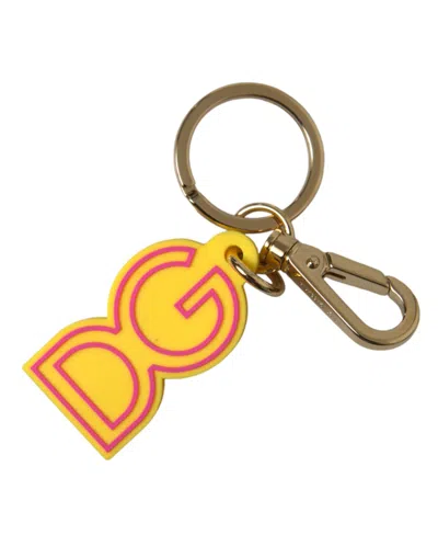Dolce & Gabbana Yellow Rubber Dg Logo Gold Brass Metal Keyring Keychain In Yellow