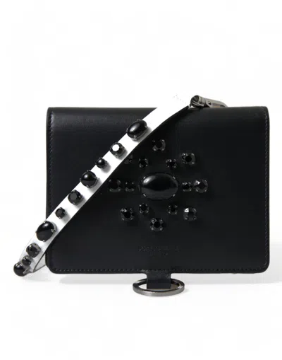 Dolce & Gabbana Black Leather Crystal Embellished Card Holder Wallet In Black