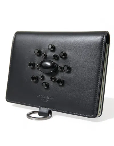 Dolce & Gabbana Black Leather Crystal Embellished Card Holder Wallet In Black