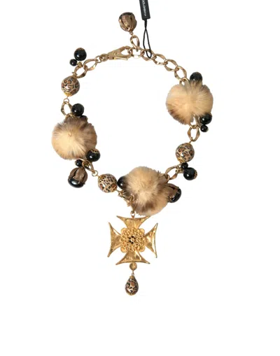 Dolce & Gabbana Gold Black Crystals Lapin Fur Filigree Chocker Necklace In Gold