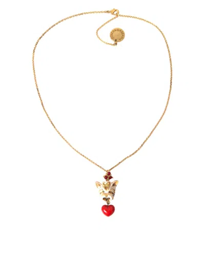 Dolce & Gabbana Gold Brass Chain Dog Heart Pendant Charm Necklace In Gold