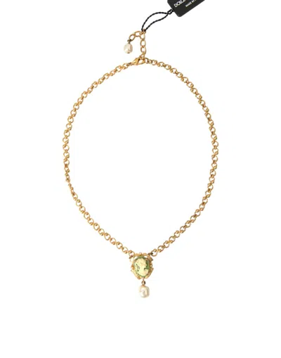 Dolce & Gabbana Gold Brass Chain Pearl Pendant Charm Necklace In Gold