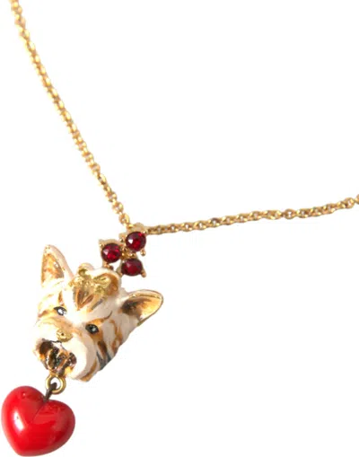 Dolce & Gabbana Gold Brass Chain Dog Heart Pendant Charm Necklace In Gold