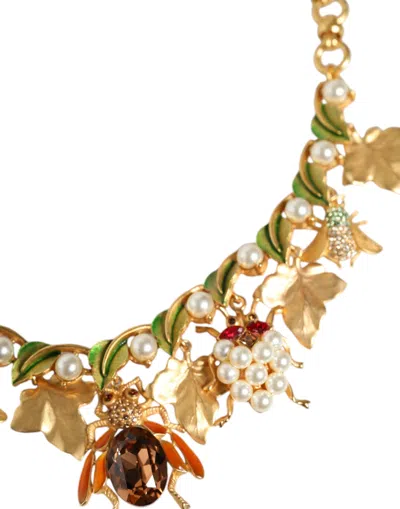Dolce & Gabbana Gold Brass Crystal Bug Charm Pendant Statement Necklace In Gold