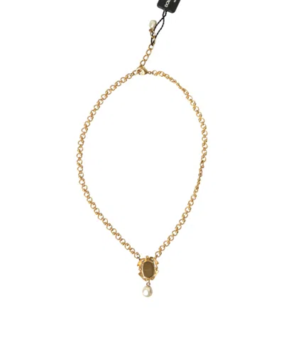 Dolce & Gabbana Gold Brass Chain Pearl Pendant Charm Necklace In Gold