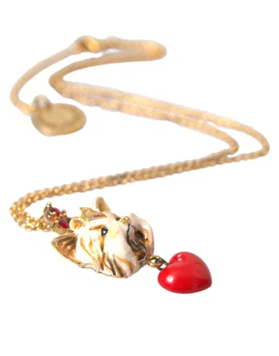 Dolce & Gabbana Gold Brass Chain Dog Heart Pendant Charm Necklace In Gold