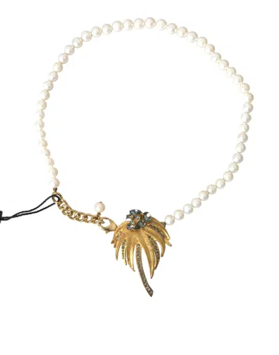 Dolce & Gabbana Gold Brass Crystal Pearl Tree Pendant Charm Necklace In Gold