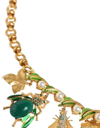 Dolce & Gabbana Gold Brass Crystal Bug Charm Pendant Statement Necklace In Gold