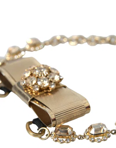 Dolce & Gabbana Gold Brass Clear Crystal Bow Chain Choker Necklace In Gold