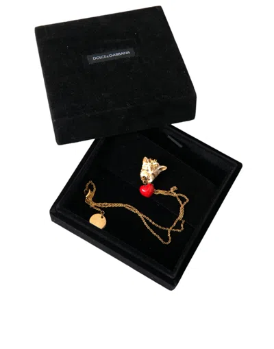 Dolce & Gabbana Gold Brass Chain Dog Heart Pendant Charm Necklace In Gold