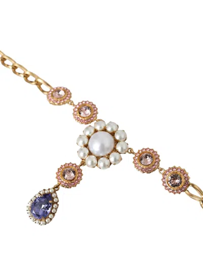 Dolce & Gabbana Gold Brass Crystal Purple Pink Pearl Pendants Necklace In Gold