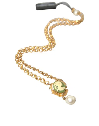 Dolce & Gabbana Gold Brass Chain Pearl Pendant Charm Necklace In Gold
