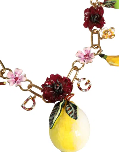 Dolce & Gabbana Gold Brass Fruit Pendants Flowers Crystal Logo Necklace In Gold