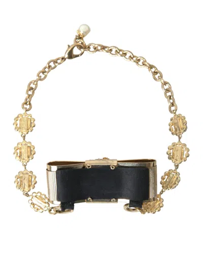 Dolce & Gabbana Gold Brass Clear Crystal Bow Chain Choker Necklace In Gold
