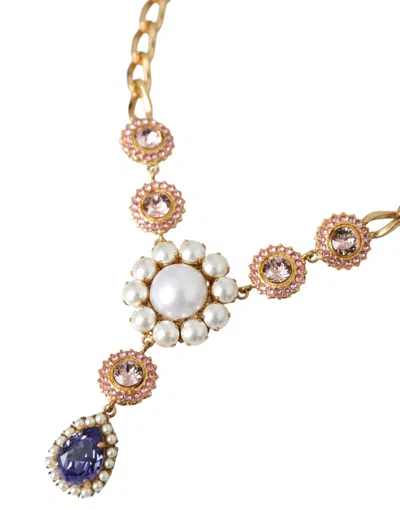 Dolce & Gabbana Gold Brass Crystal Purple Pink Pearl Pendants Necklace In Gold