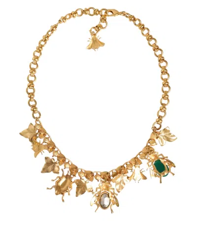 Dolce & Gabbana Gold Brass Crystal Bug Charm Pendant Statement Necklace In Gold