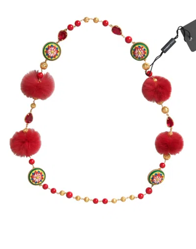 Dolce & Gabbana Gold Brass Red Fur Crystal Carretto Chain Necklace In Multicolor