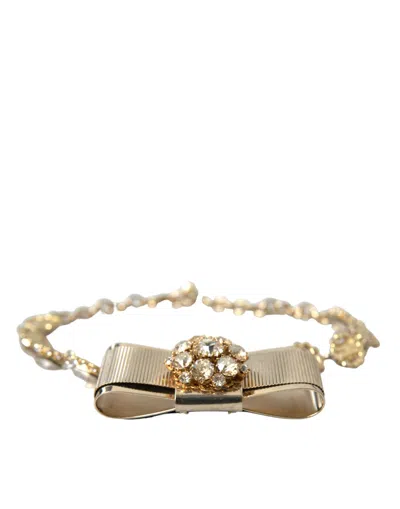 Dolce & Gabbana Gold Brass Clear Crystal Bow Chain Choker Necklace In Gold