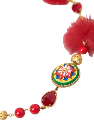 Dolce & Gabbana Gold Brass Red Fur Crystal Carretto Chain Necklace In Multicolor