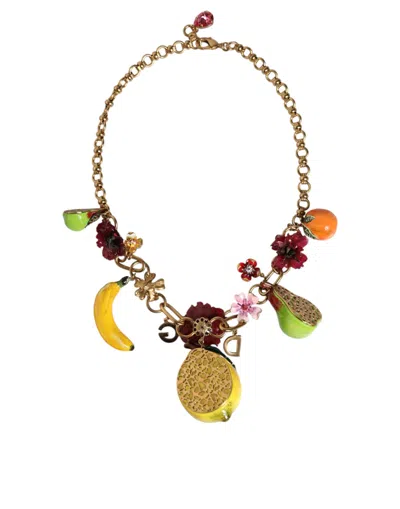 Dolce & Gabbana Gold Brass Fruit Pendants Flowers Crystal Logo Necklace In Gold