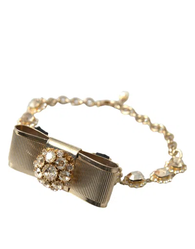 Dolce & Gabbana Gold Brass Clear Crystal Bow Chain Choker Necklace In Gold