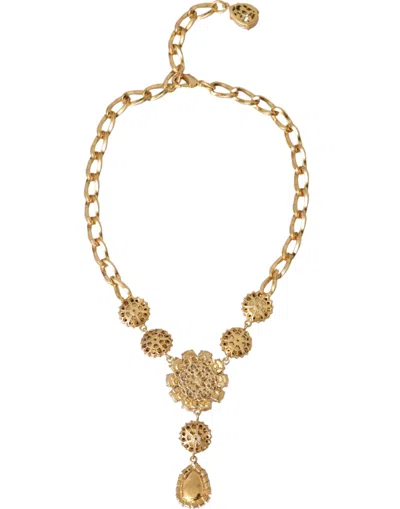 Dolce & Gabbana Gold Brass Crystal Purple Pink Pearl Pendants Necklace In Gold