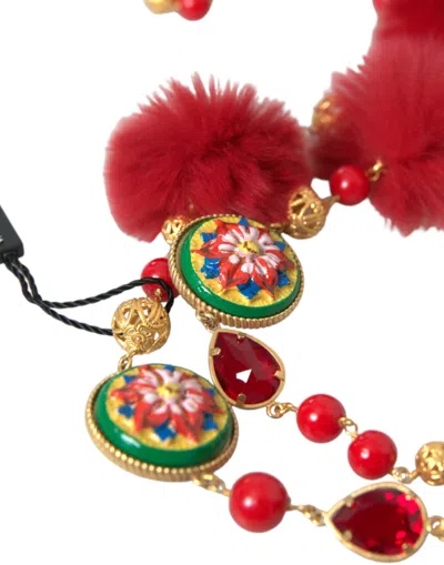 Dolce & Gabbana Gold Brass Red Fur Crystal Carretto Chain Necklace In Multicolor