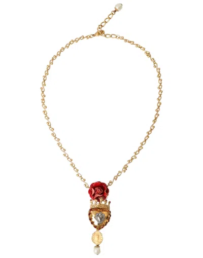 Dolce & Gabbana Gold Brasschain Sacred Heart Rose Crystal Charm Necklace In Gold